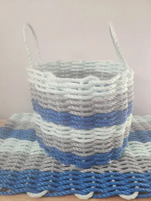 6 Stripe Lobster Rope Mat and Basket matching set Blue gray and seafoam