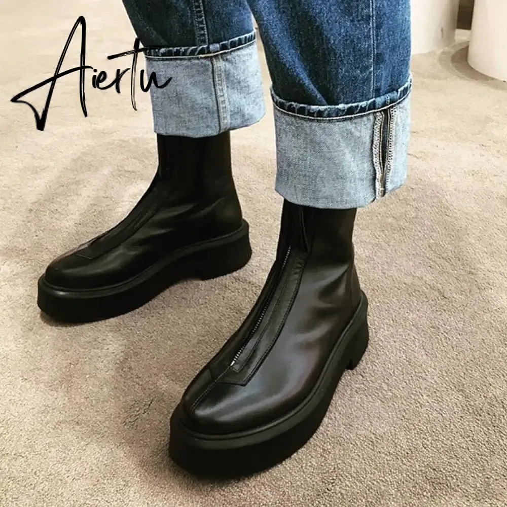 Aiertu Luxury Brand Designer Front Zipper Ankle Boots For Women  New Chunky Boots Platform Woman Punk Boots Fashion Ladies Shoes