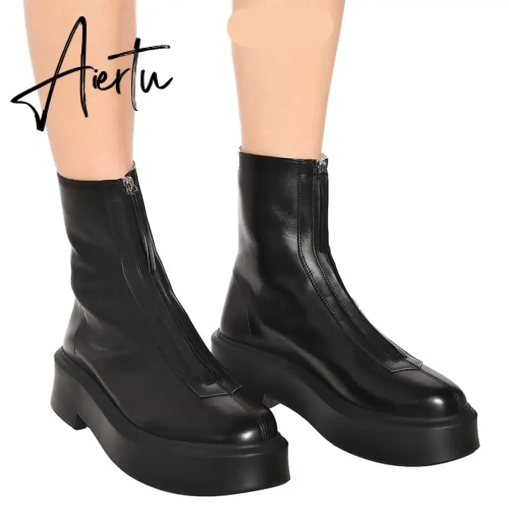 Aiertu Luxury Brand Designer Front Zipper Ankle Boots For Women  New Chunky Boots Platform Woman Punk Boots Fashion Ladies Shoes