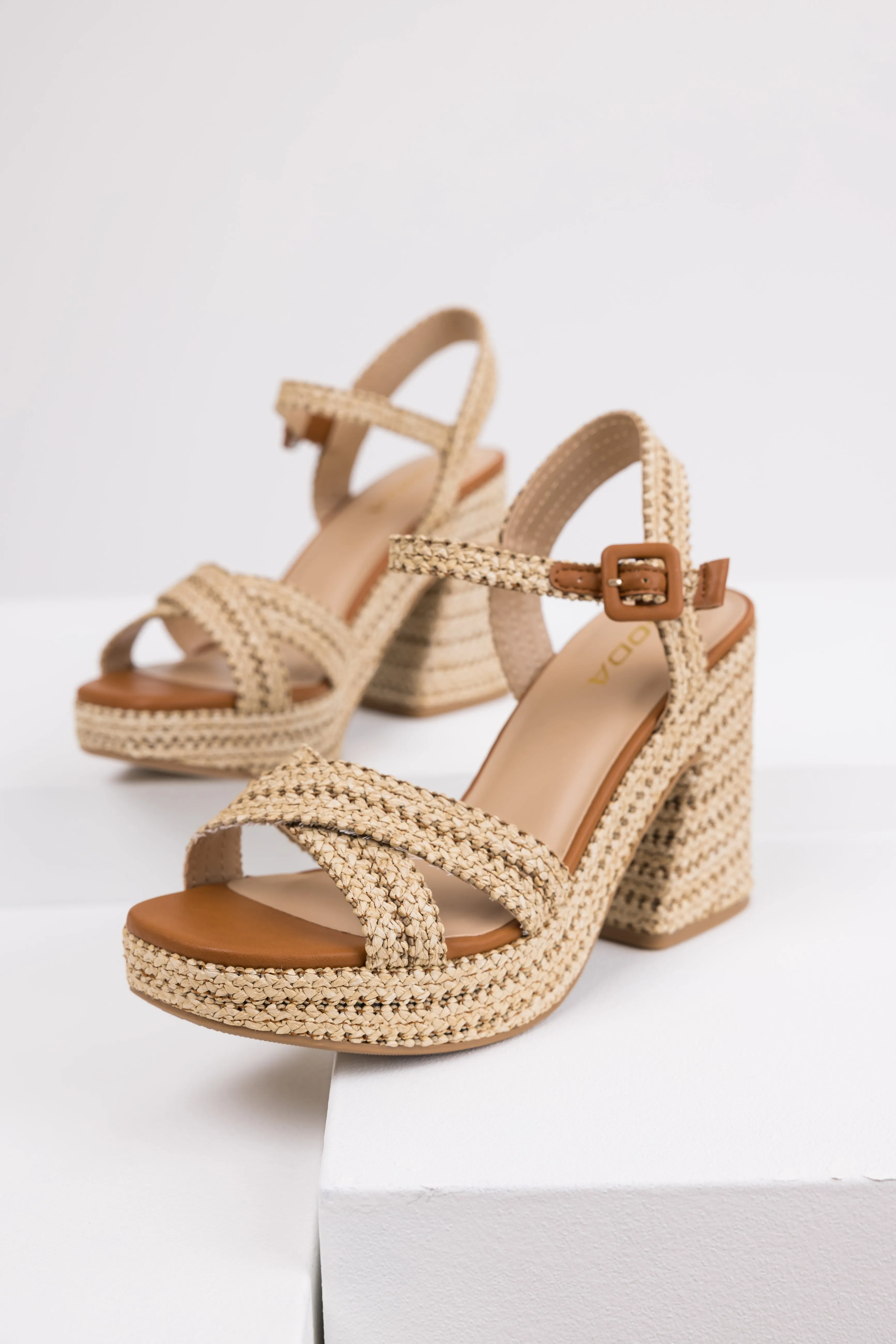 Almond Raffia Woven Open Toed Platform Heels