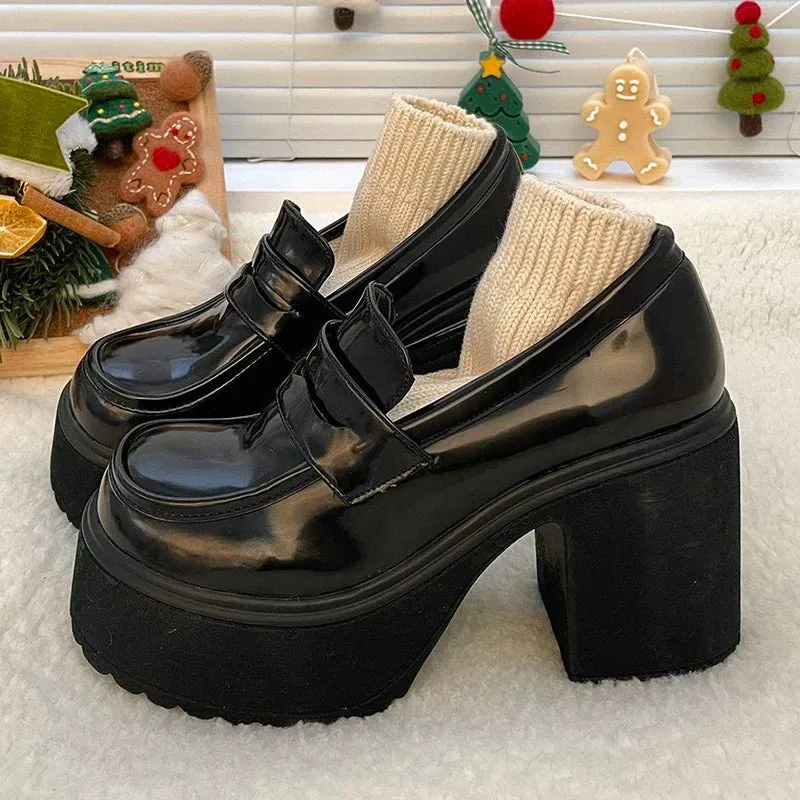 AMOZAE- -  Gothic Chunky High Heels Pumps for Women, Patent Leather