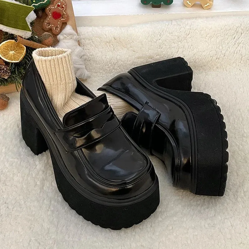 AMOZAE- -  Gothic Chunky High Heels Pumps for Women, Patent Leather