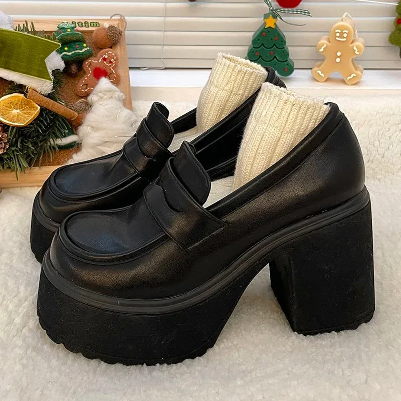 AMOZAE- -  Gothic Chunky High Heels Pumps for Women, Patent Leather