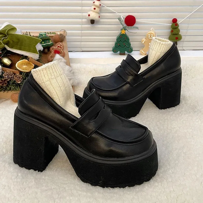 AMOZAE- -  Gothic Chunky High Heels Pumps for Women, Patent Leather