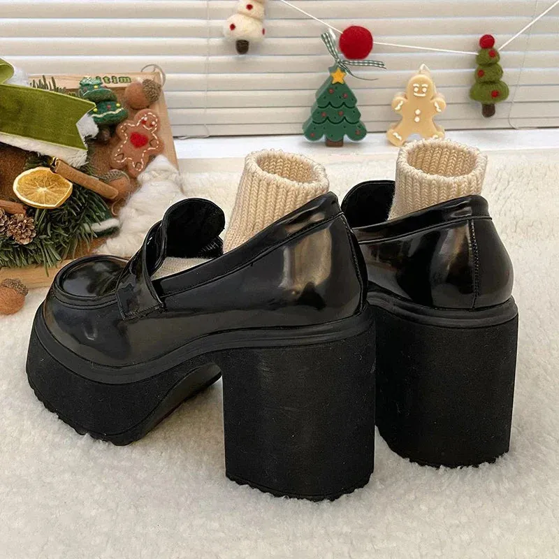 AMOZAE- -  Gothic Chunky High Heels Pumps for Women, Patent Leather