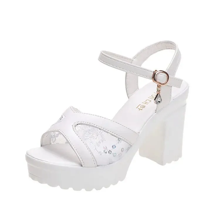 Amozae-High Heels Luxury Sandals Fish Mouth Shoes for Women 2023 Fashion Luxury Sandals Sequin Open Toe Chunky Sandals Platform Sandals