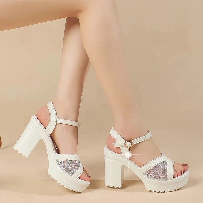 Amozae-High Heels Luxury Sandals Fish Mouth Shoes for Women 2023 Fashion Luxury Sandals Sequin Open Toe Chunky Sandals Platform Sandals