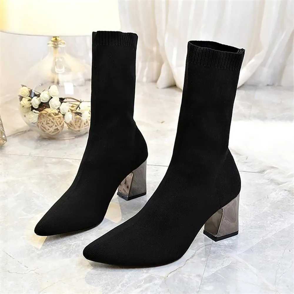 Black Chunky High Heels Ankle Sock Boots