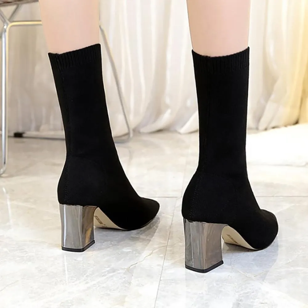 Black Chunky High Heels Ankle Sock Boots