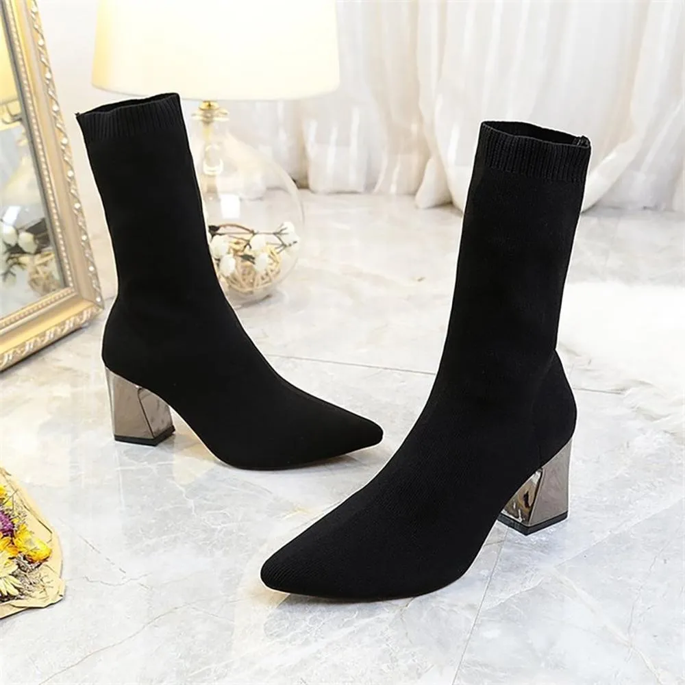 Black Chunky High Heels Ankle Sock Boots
