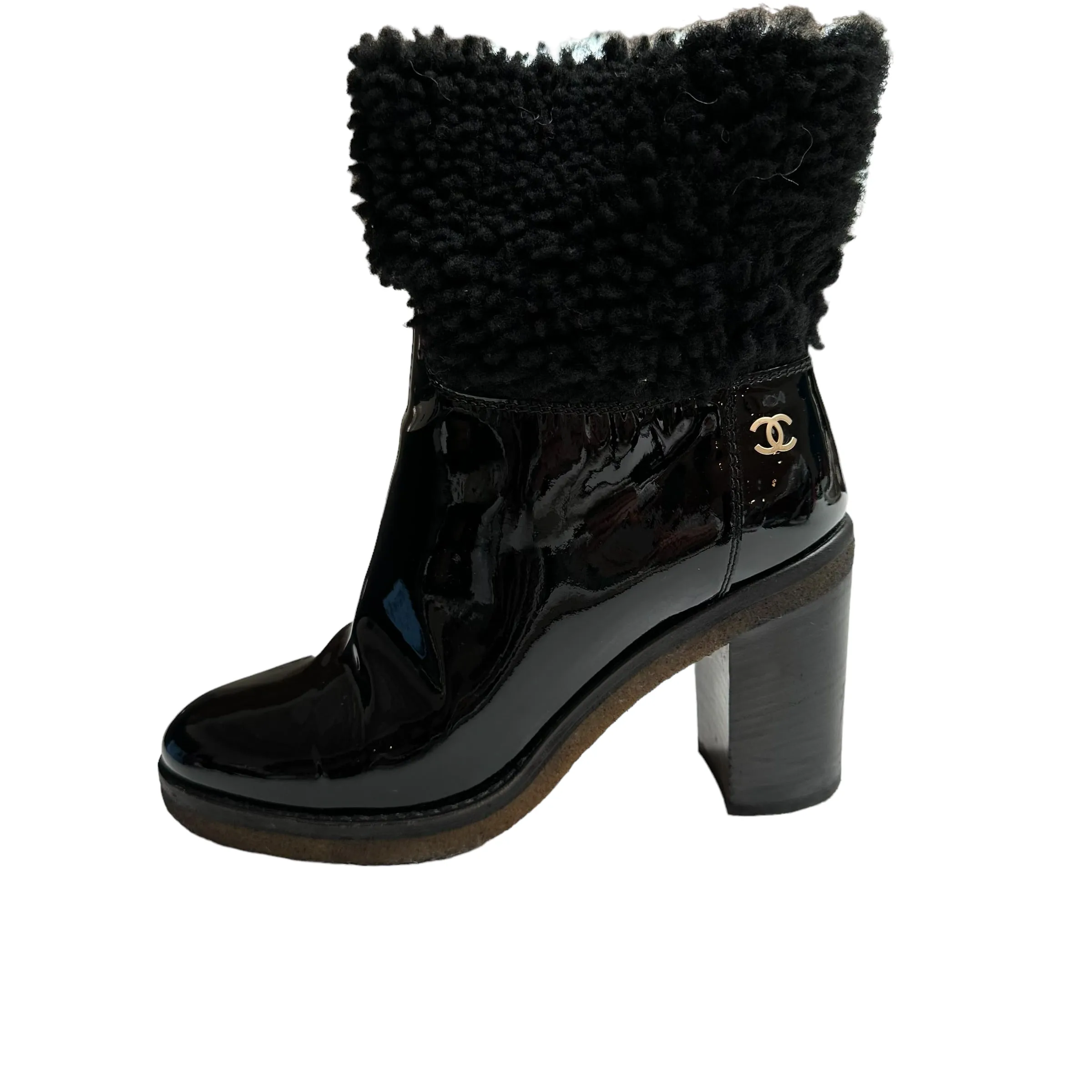 Black Patent Leather & Shearling Boots - 7