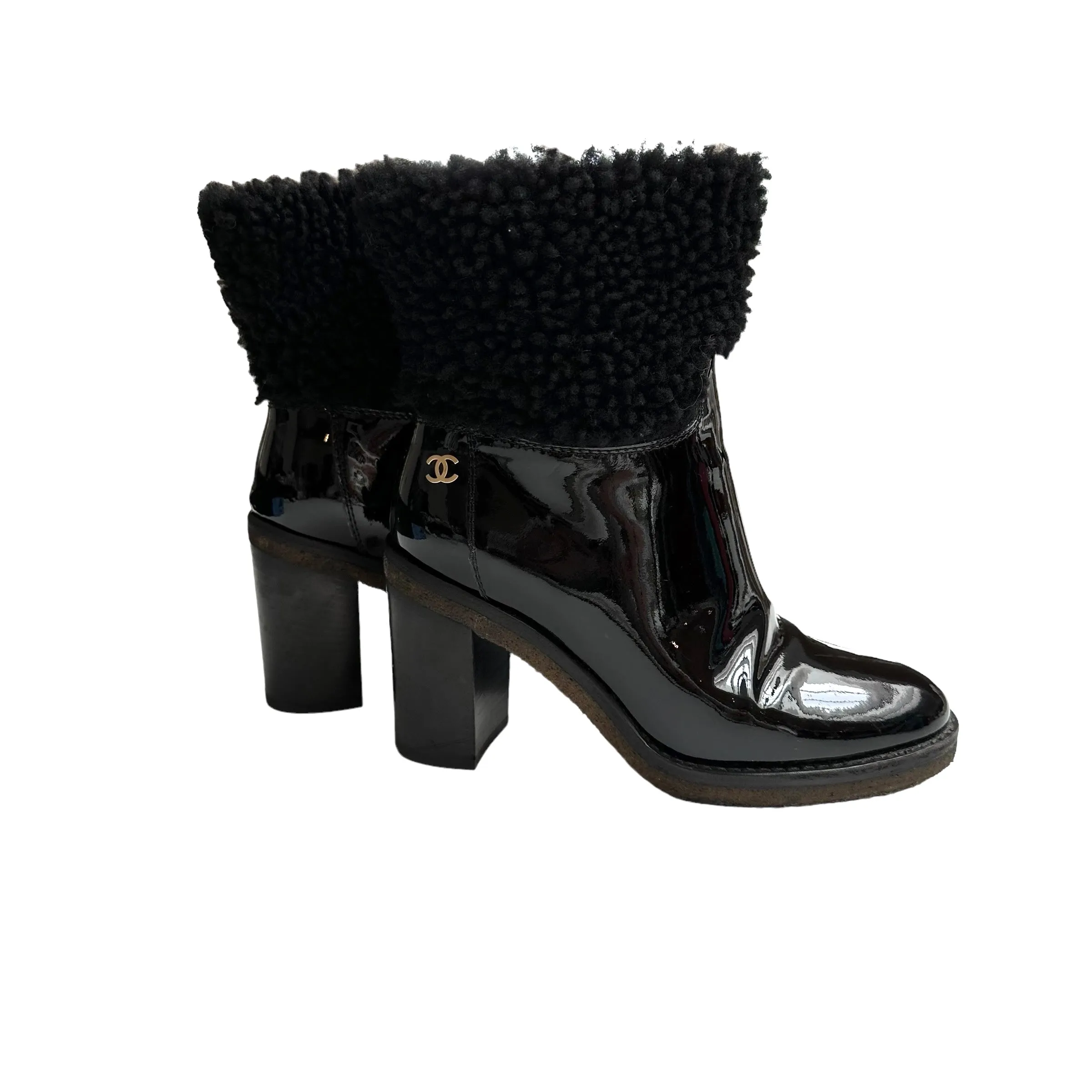 Black Patent Leather & Shearling Boots - 7