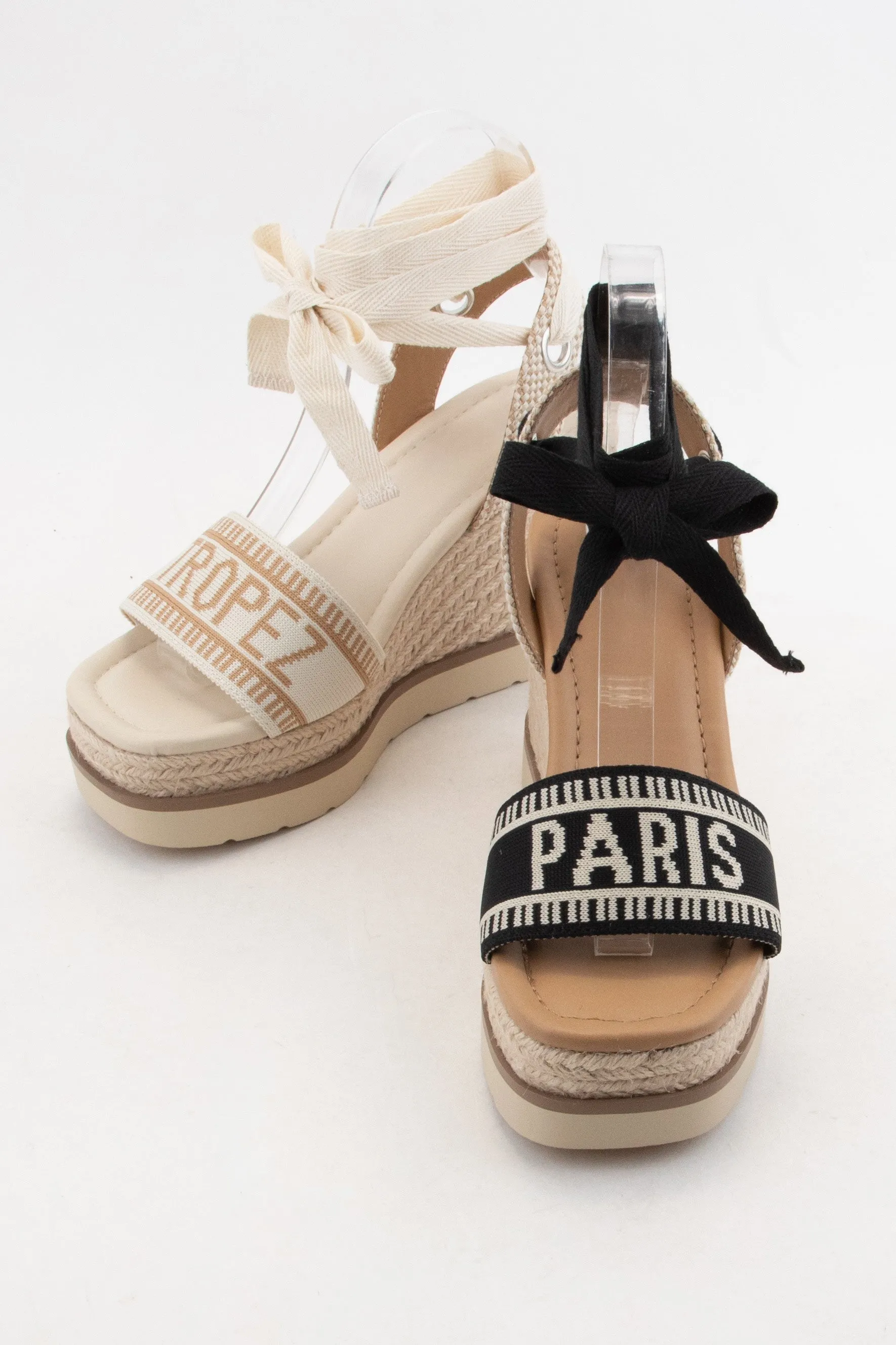 Black/Beige Times City Name Embroidered Upper Wedge Heel
