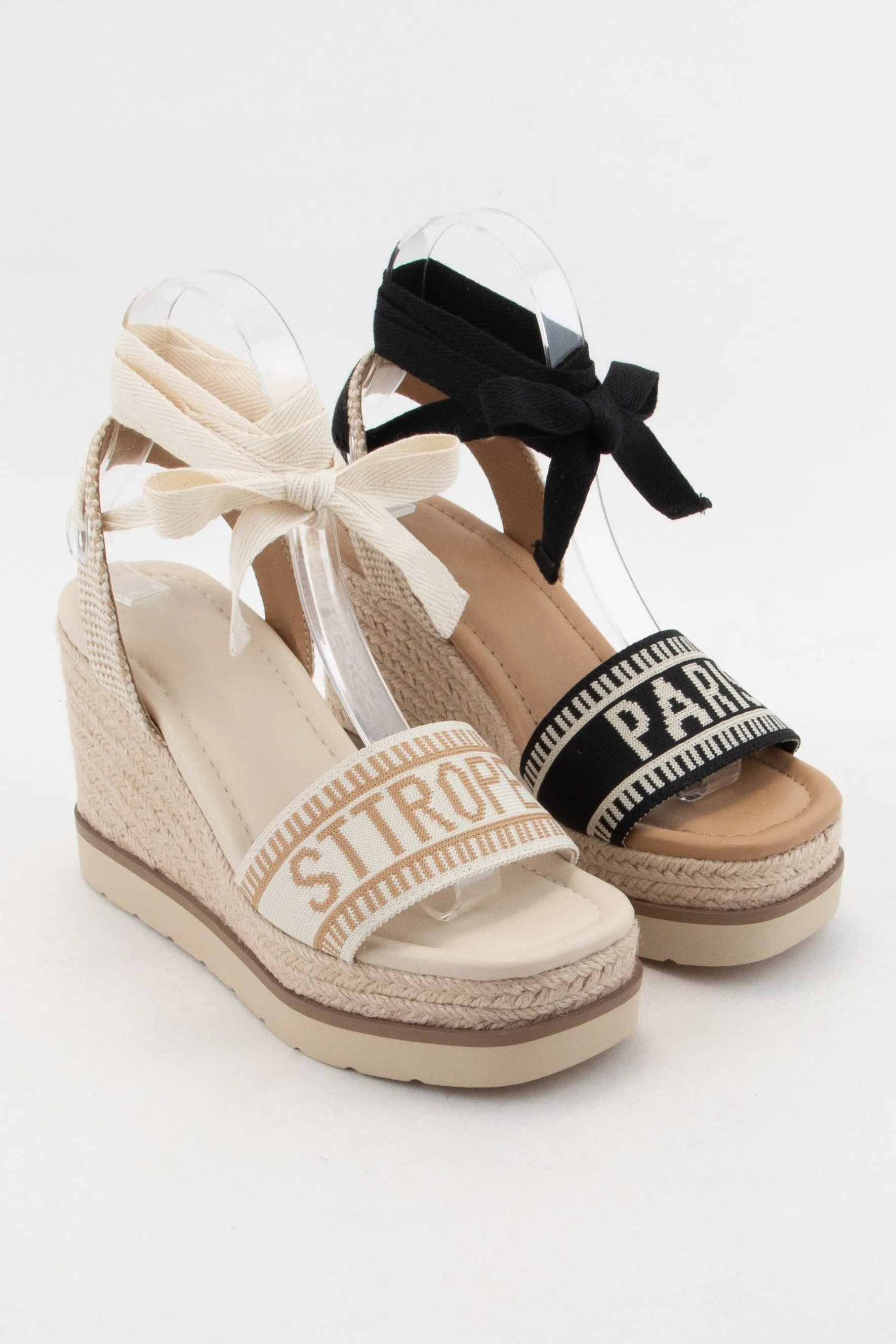 Black/Beige Times City Name Embroidered Upper Wedge Heel