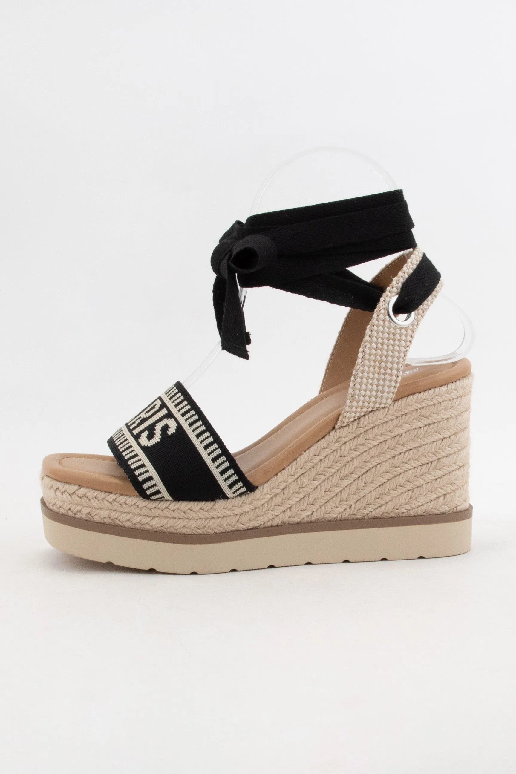 Black/Beige Times City Name Embroidered Upper Wedge Heel