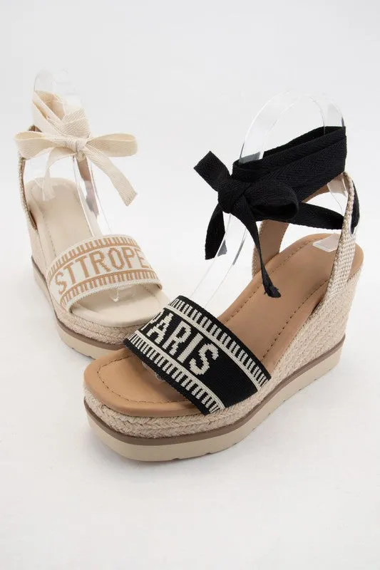 Black/Beige Times City Name Embroidered Upper Wedge Heel