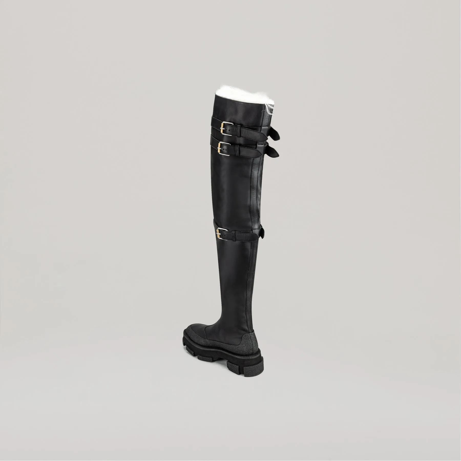 both X DION LEE- GAO PLATFORM THIGH HIGH SHEARLING BOOTS-BLACK
