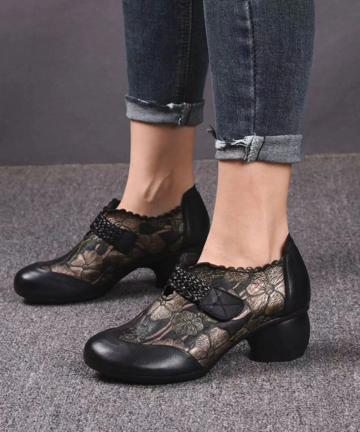 Buckle Strap Splicing Chunky Black Embossed Cowhide Leather ML1694