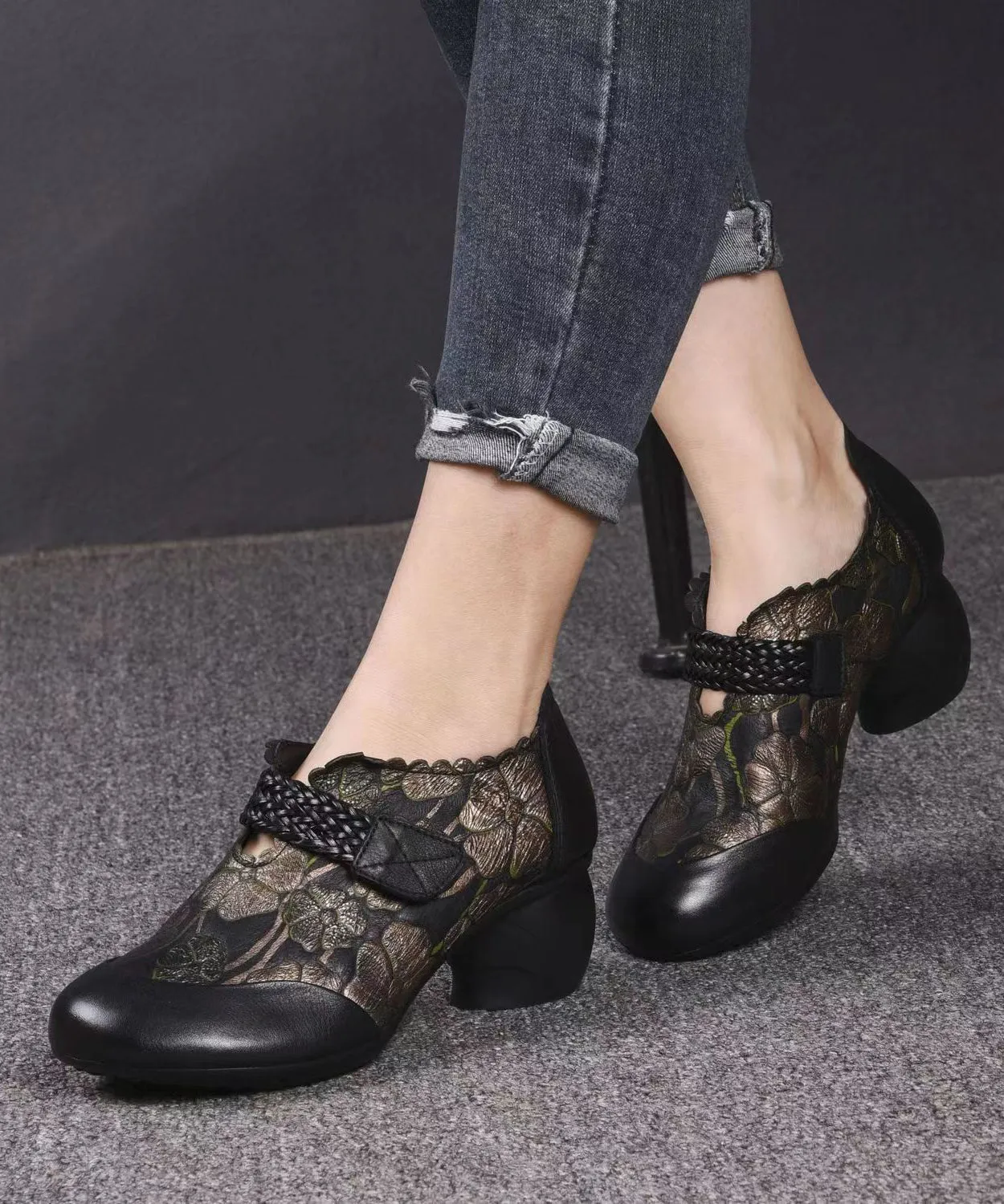 Buckle Strap Splicing Chunky Black Embossed Cowhide Leather ML1694