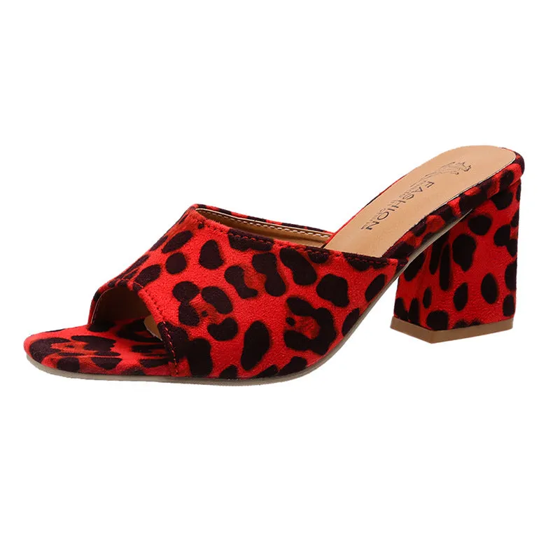 DEANWANGKT  Leopard Print Suede High Heels  New Square Toe Chunky Heel Sexy Slippers plus Size Women Heels