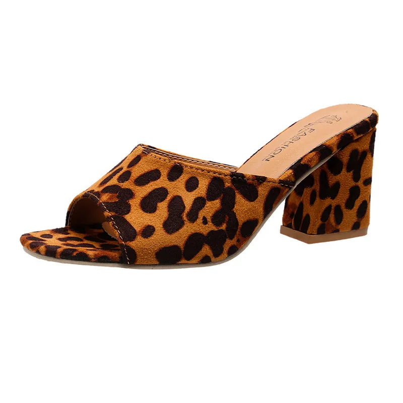 DEANWANGKT  Leopard Print Suede High Heels  New Square Toe Chunky Heel Sexy Slippers plus Size Women Heels