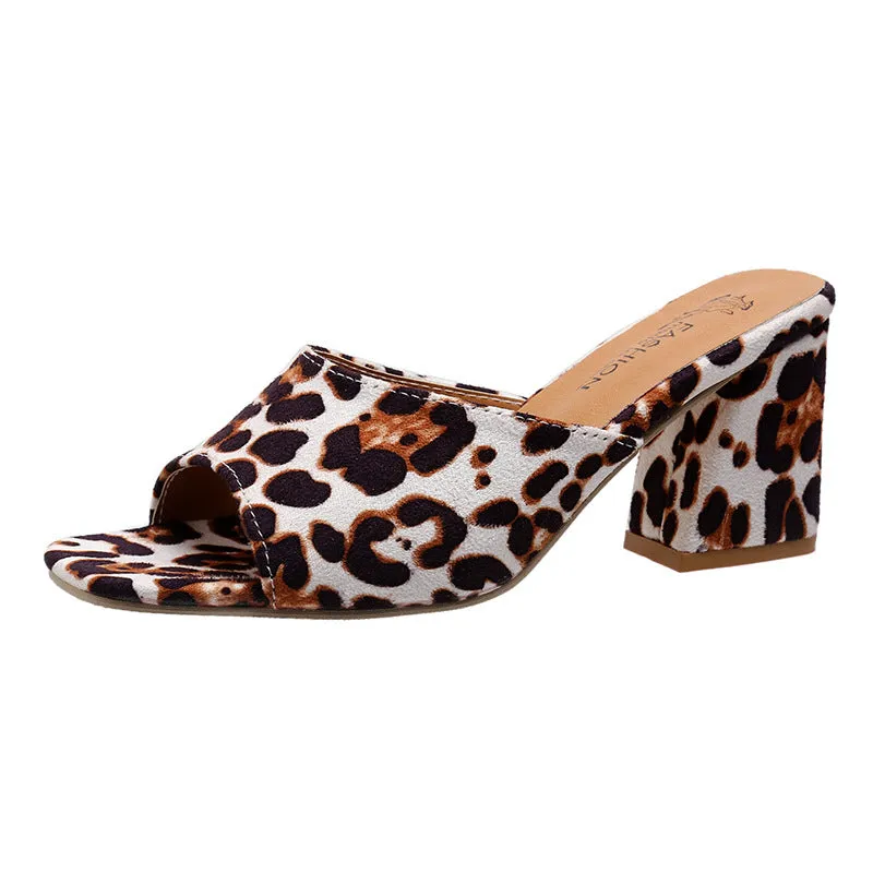 DEANWANGKT  Leopard Print Suede High Heels  New Square Toe Chunky Heel Sexy Slippers plus Size Women Heels