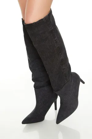 Denim Pointed-Toe Stiletto Boots