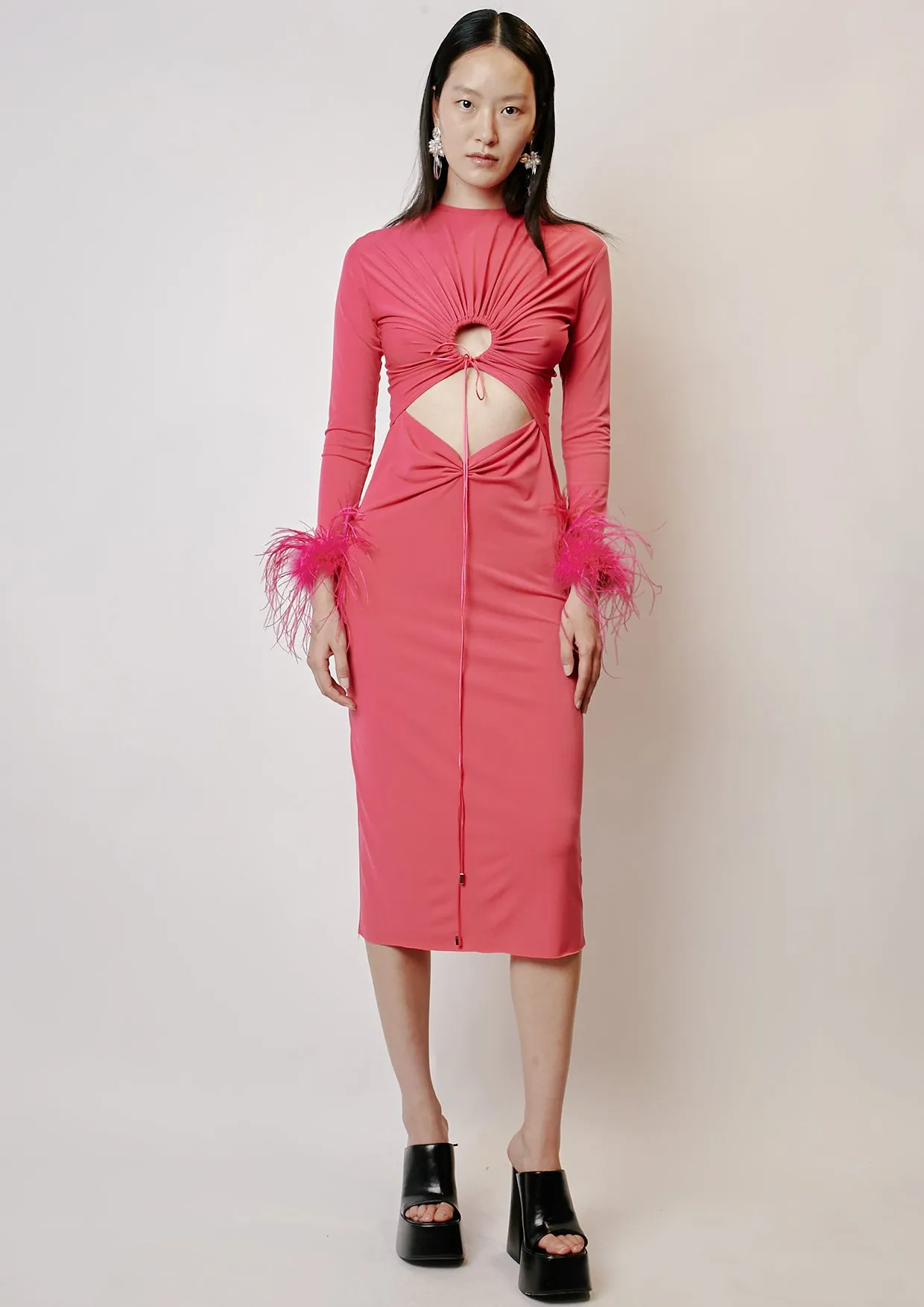 Feathered Cut-Out Knitted Midi Dress