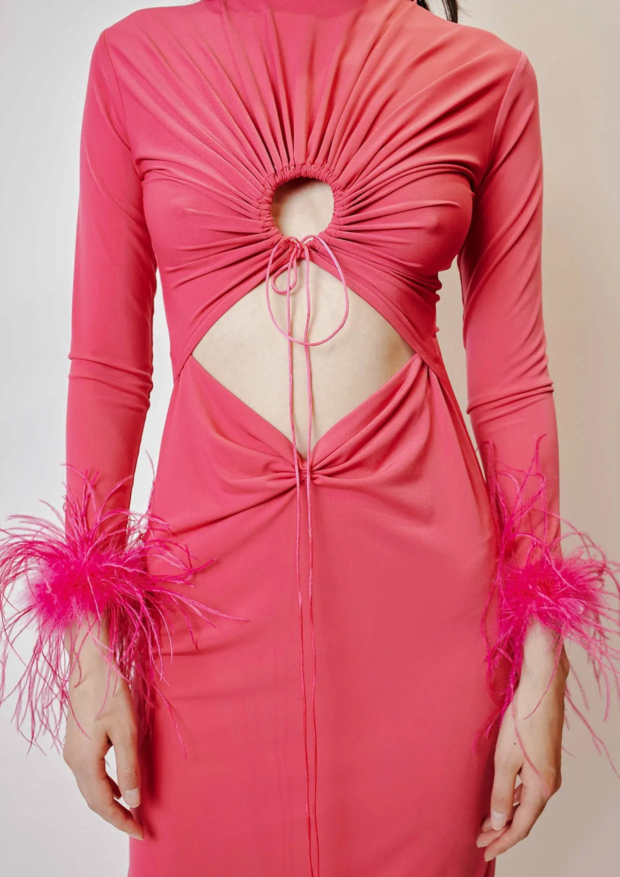 Feathered Cut-Out Knitted Midi Dress