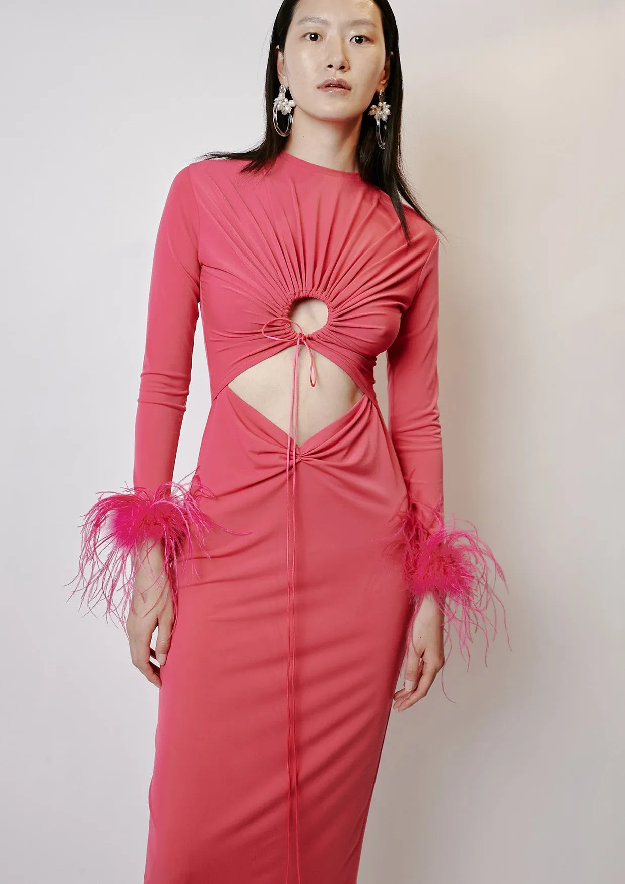 Feathered Cut-Out Knitted Midi Dress