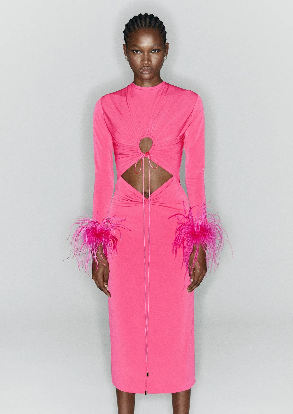 Feathered Cut-Out Knitted Midi Dress