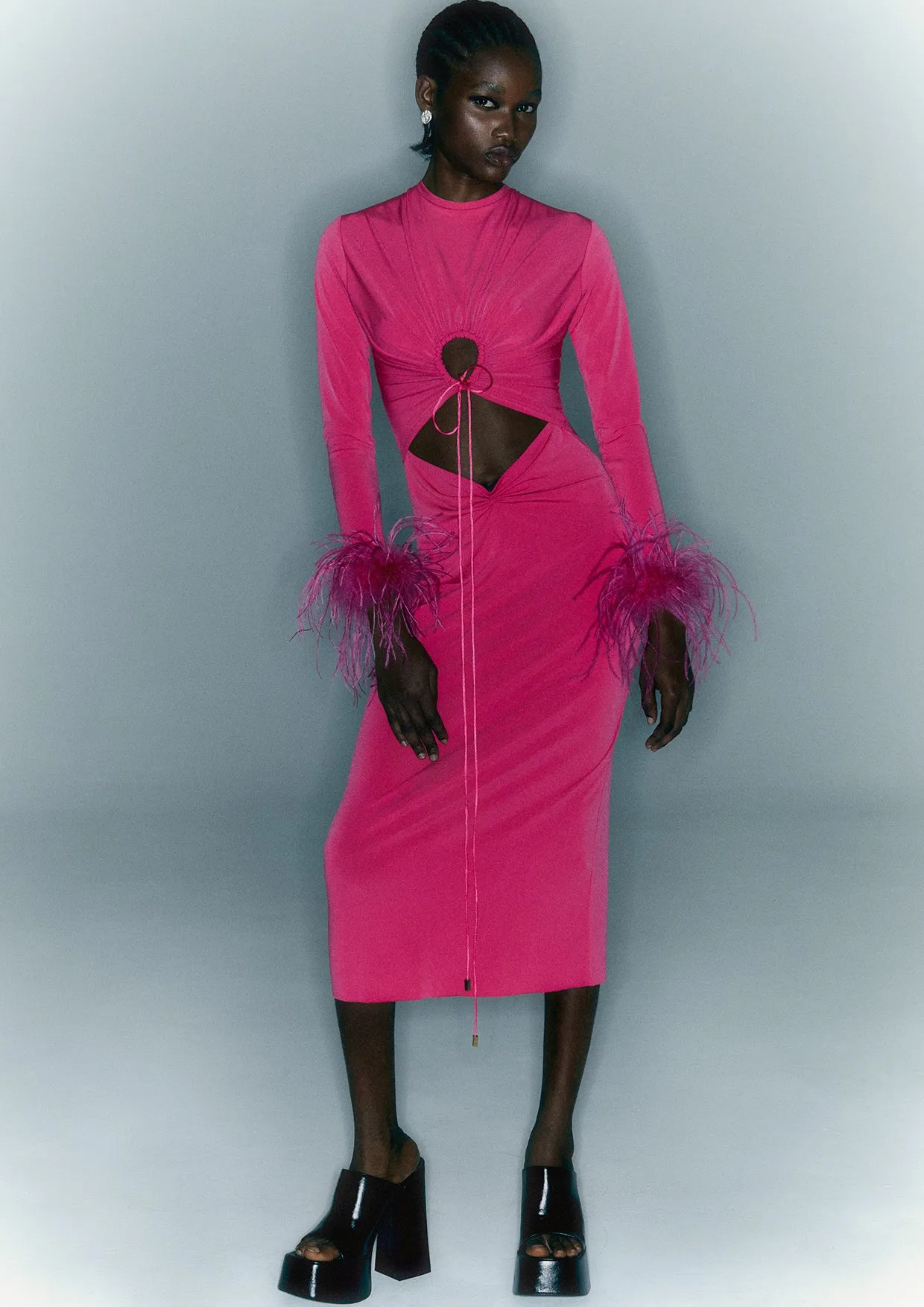 Feathered Cut-Out Knitted Midi Dress