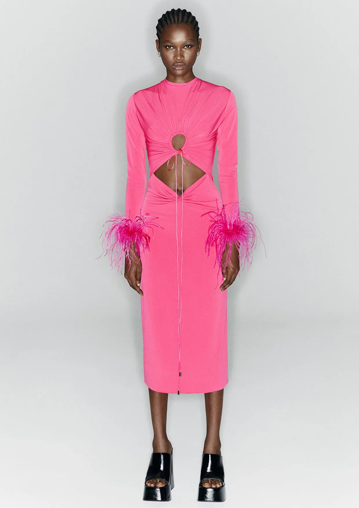 Feathered Cut-Out Knitted Midi Dress