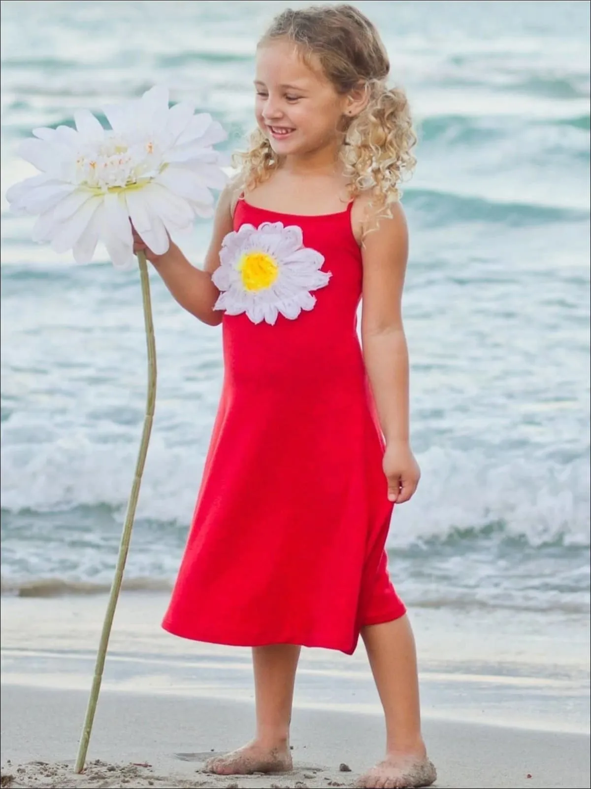 Girls Casual Spring Dress with Spaghetti Straps and Flower Applique