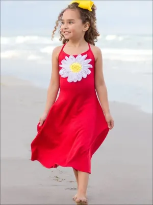 Girls Casual Spring Dress with Spaghetti Straps and Flower Applique