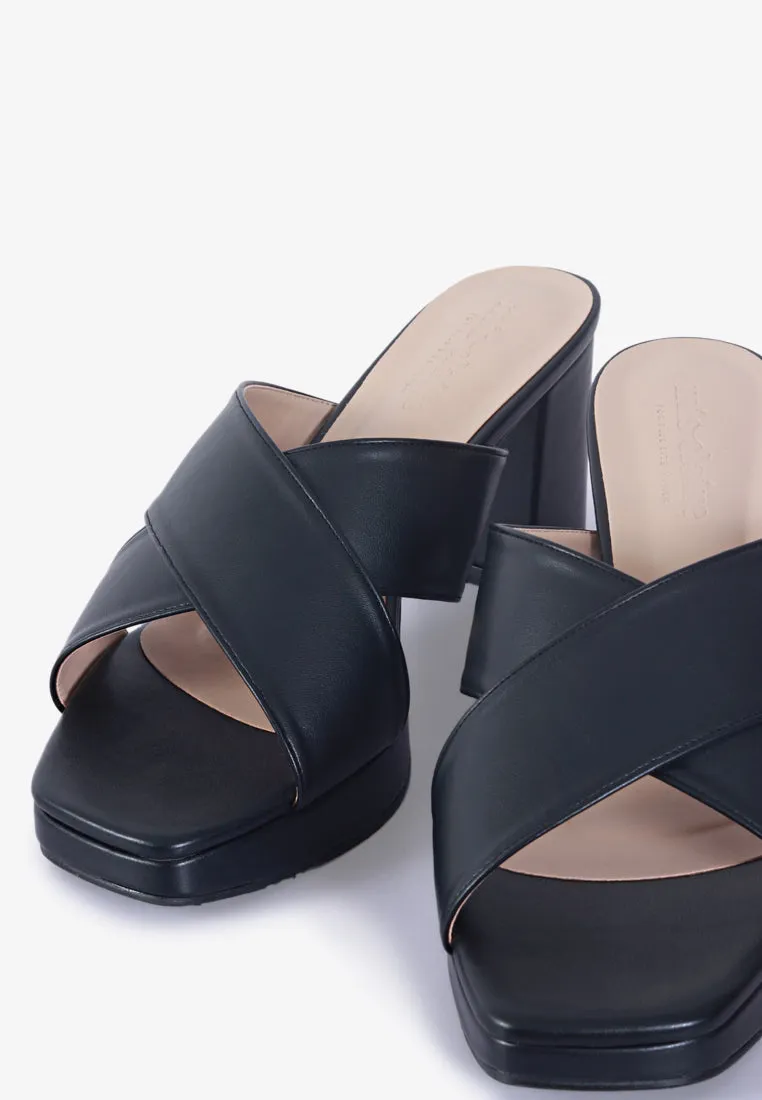 Heather Cross Strap Chunky High Heels - Black