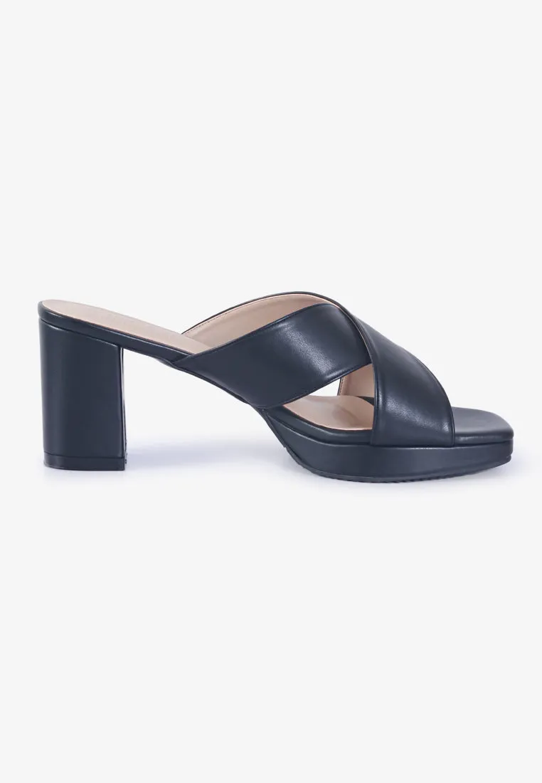 Heather Cross Strap Chunky High Heels - Black