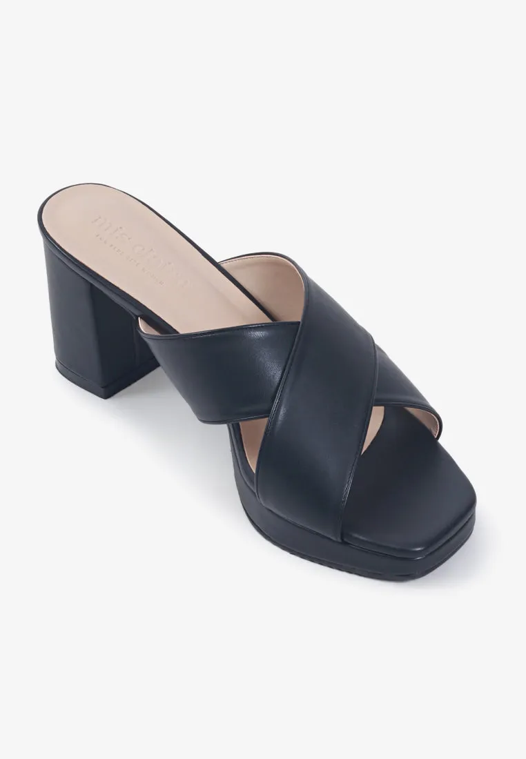 Heather Cross Strap Chunky High Heels - Black