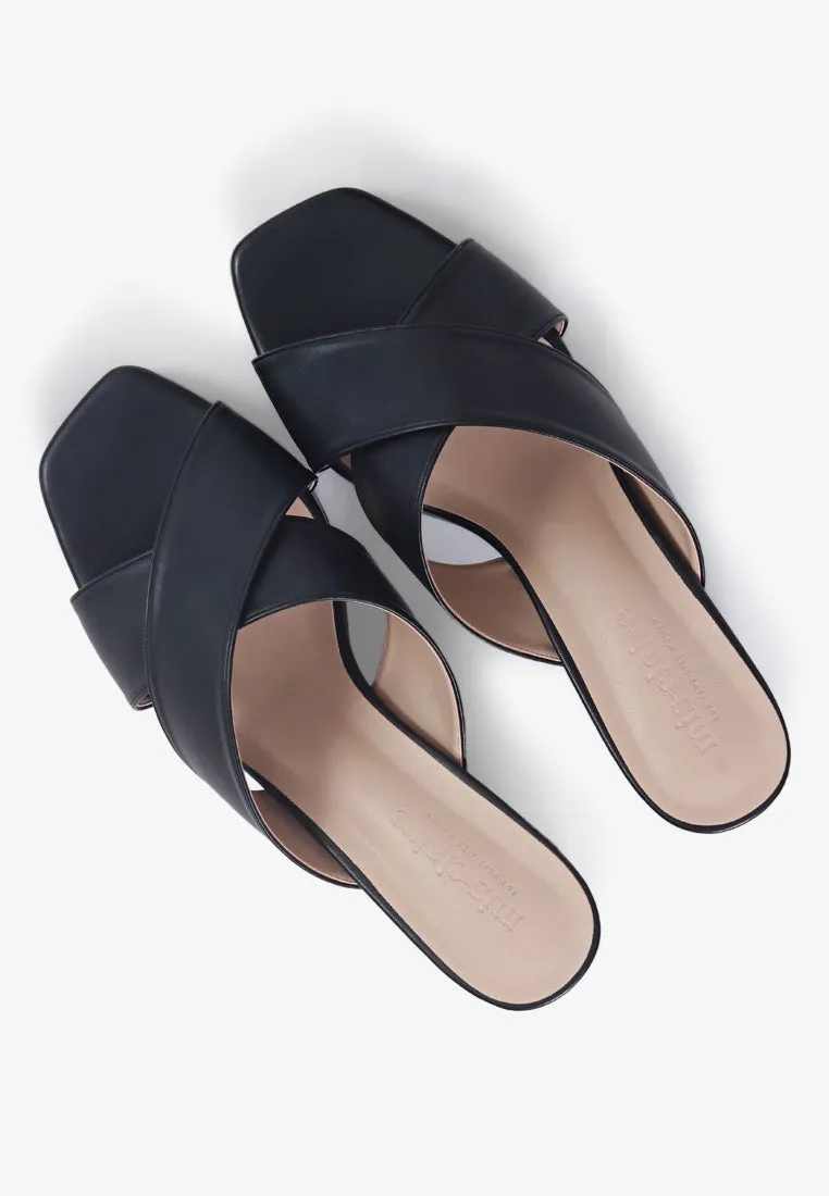 Heather Cross Strap Chunky High Heels - Black