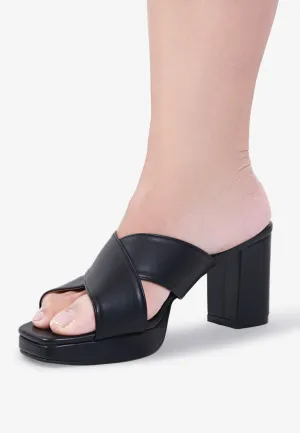 Heather Cross Strap Chunky High Heels - Black