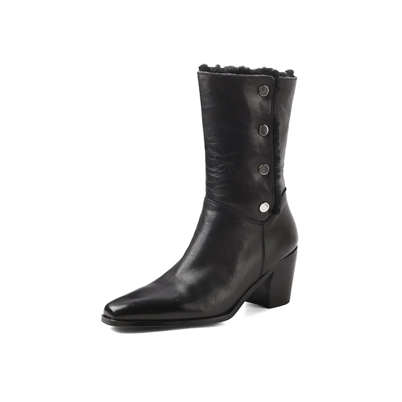 Horse Leather Shearling Lined Almond Toe Mid Calf Western Boots Cowboy Boots For Women In Black/Coffee
