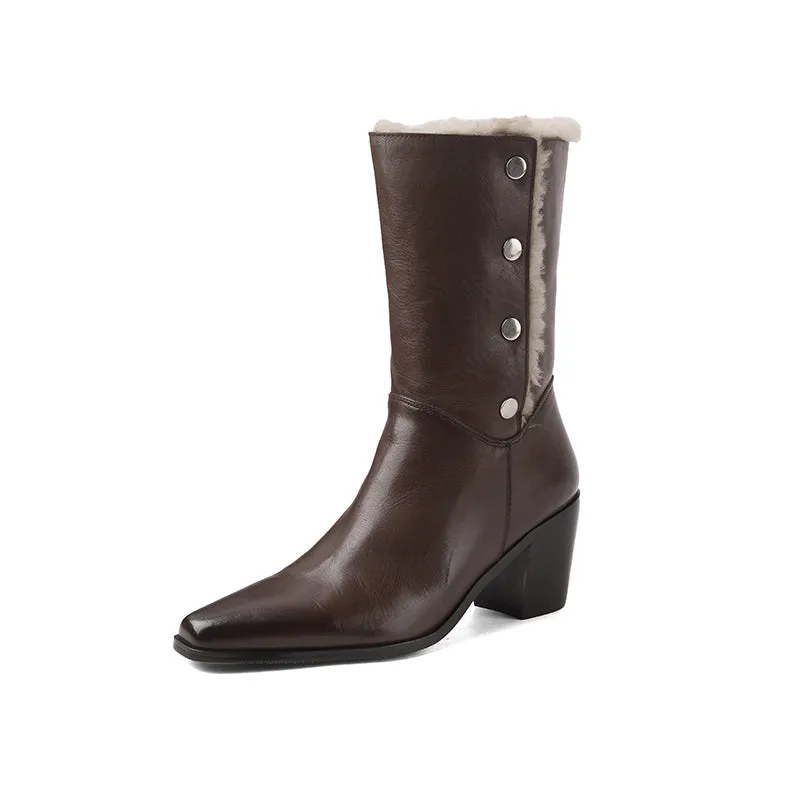 Horse Leather Shearling Lined Almond Toe Mid Calf Western Boots Cowboy Boots For Women In Black/Coffee
