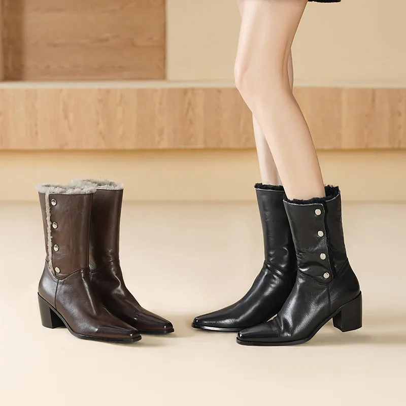 Horse Leather Shearling Lined Almond Toe Mid Calf Western Boots Cowboy Boots For Women In Black/Coffee