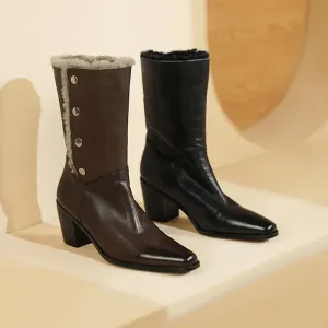Horse Leather Shearling Lined Almond Toe Mid Calf Western Boots Cowboy Boots For Women In Black/Coffee