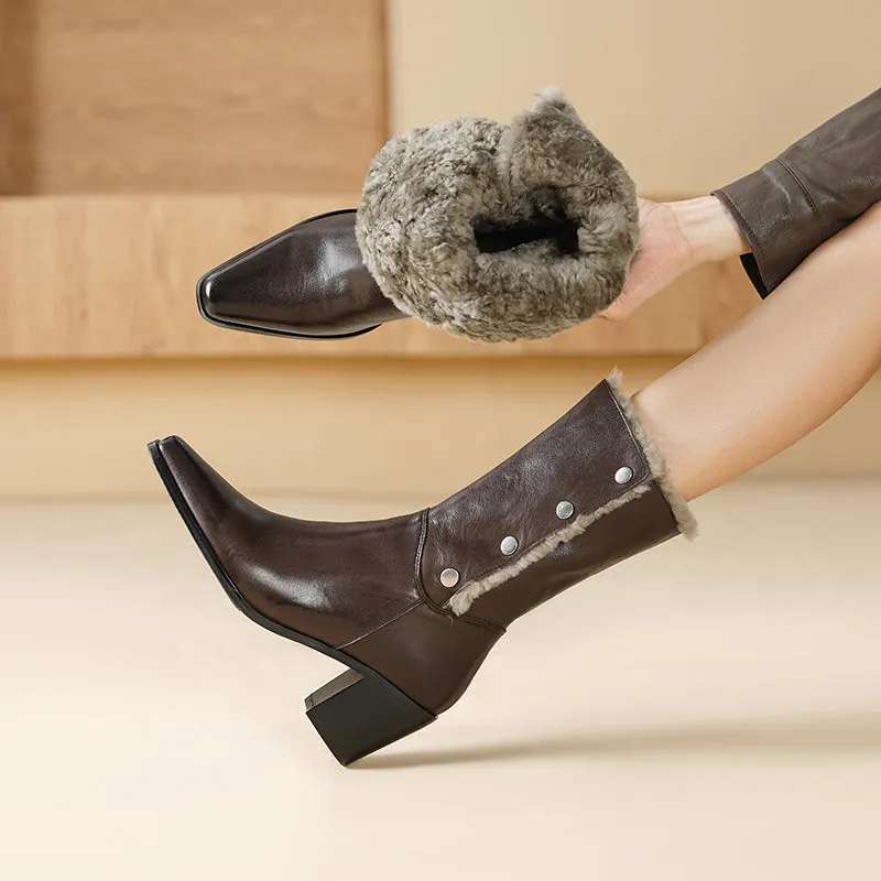 Horse Leather Shearling Lined Almond Toe Mid Calf Western Boots Cowboy Boots For Women In Black/Coffee