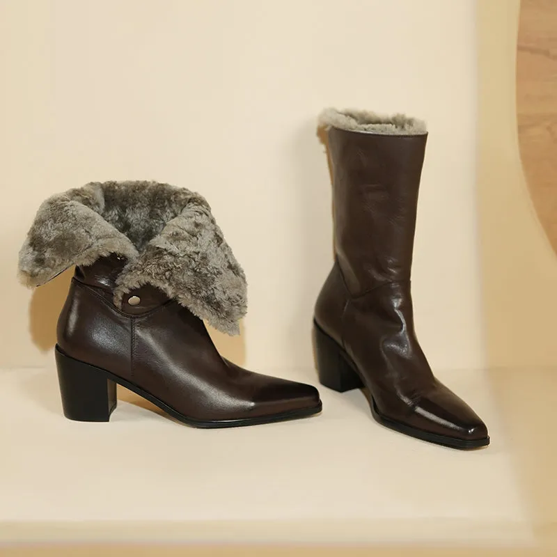 Horse Leather Shearling Lined Almond Toe Mid Calf Western Boots Cowboy Boots For Women In Black/Coffee