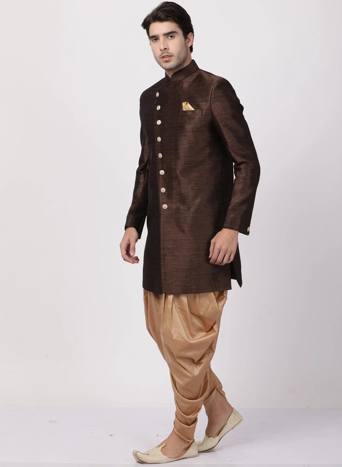 Jashvi Men's Brown Silk Blend Sherwani Set