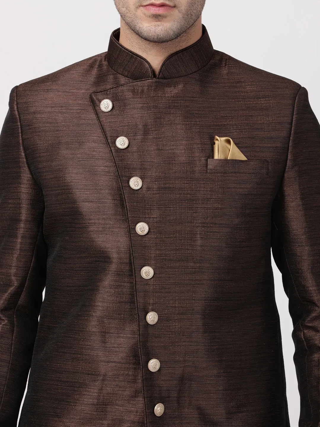 Jashvi Men's Brown Silk Blend Sherwani Set