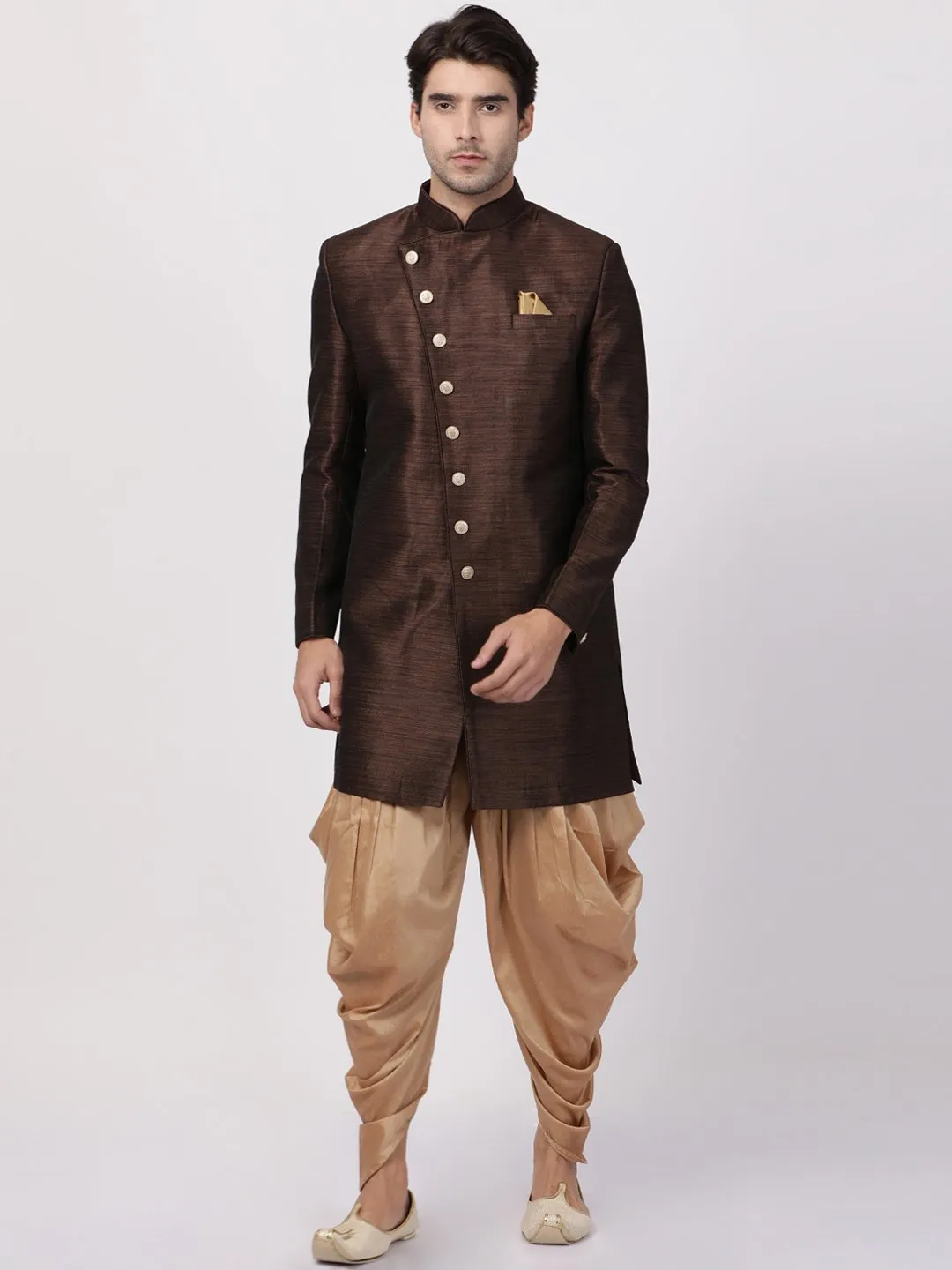Jashvi Men's Brown Silk Blend Sherwani Set