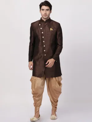Jashvi Men's Brown Silk Blend Sherwani Set